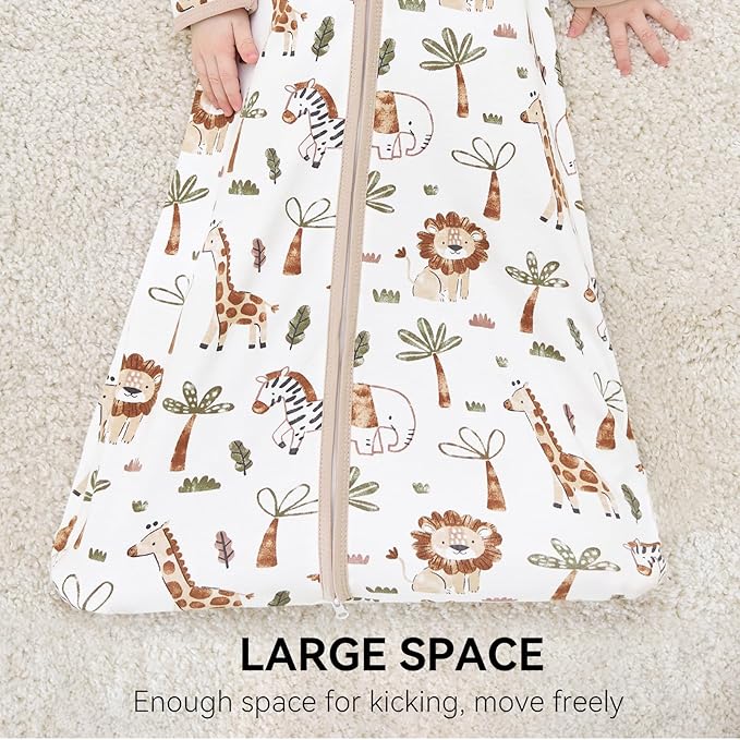 Baby Sleep Sack 18-24 Months, Long Sleeve Baby Wearable Blanket 0.5 Tog with Mittens, 2-Way Zipper Toddler Cotton Sleeping Sack for Boy and Girl Khaki Animal 2 Pack(XLarge)