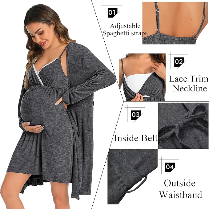 SWOMOG Womens Maternity Robe 2 Piece Nursing Nightgown for Breastfeeding 3 in 1 Labor Delivery Nursing Dress Lace Bathrobe