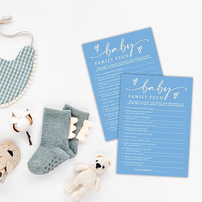 Family Feud Baby Shower Game - Minimalism Blue - 30 Double-Sided Fill In Style Game Cards With Answer Card, Gender Reveal, Baby Announcement, Party Games & Activity - C12