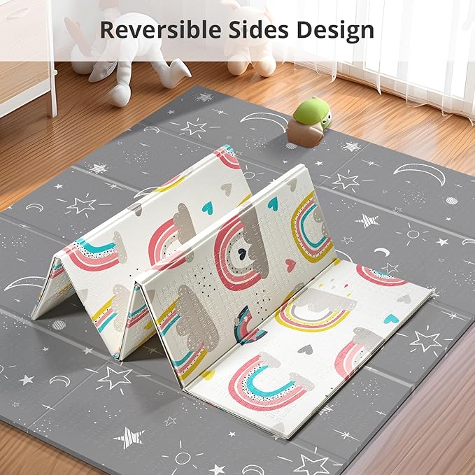 79 x 71 Baby Play Mats for Floor, Foldable Foam Play Mat for Babies 0-12 months,Thick & Waterproof Playmate for Baby, Non Toxic Baby Tummy Time Activity Playmat, Reversible Playpen Mat for Infant