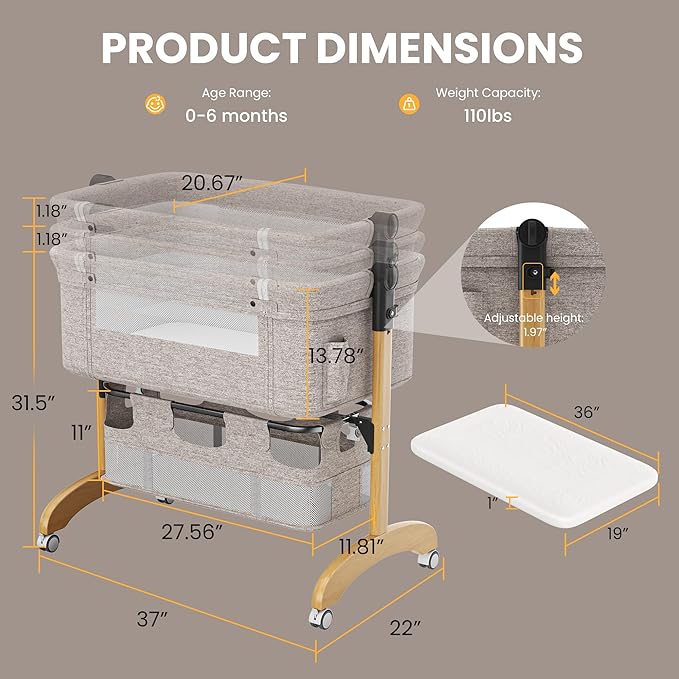 Baby Bassinet, Bedside Bassinet for Baby, 3 in 1 Adjustable Height Bedside Sleeper with Wheels, Breathable Mesh, Easy Folding Portable Crib, Rocking Mode & Storage Basket for Newborn Infants