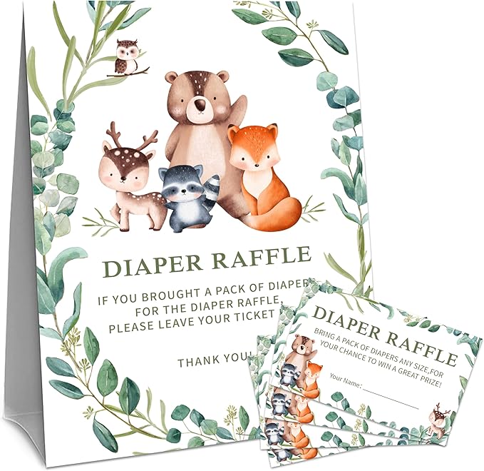 Greenery Animals Diaper Raffle Set For Baby Shower - 50 Raffle Tickets With 1 Standing Sign - Baby Announcement, Gender Reveal Baby Shower Party Decoration Game Set - A04