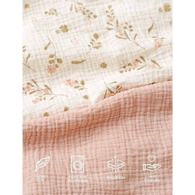 Konssy Muslin Mini Crib Sheets, 100% Soft Cotton Pack and Play Sheets for Pack N Play Mattress, Playard Baby Crib Sheets for Baby Girls (Floral, Pink)