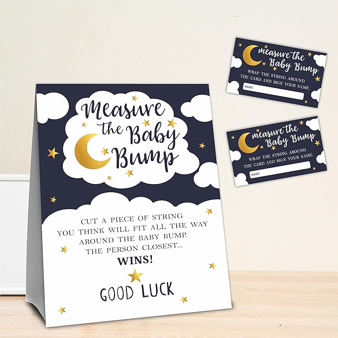 Baby Shower Measure The Baby Bump Game Set - Twinkle Twinkle Little Star - 1 Self-Standing Sign And 50 Tickets - Gender Reveal, Baby Shower, Baby Announcement Activity & Party Favor Supplies - A01