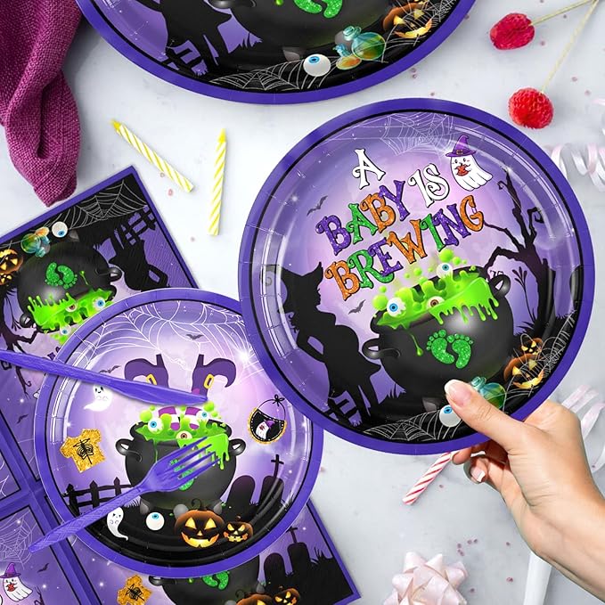 Halloween Baby Shower Decorations-142pcs A Baby is Brewing Halloween Tableware Include Plates, Napkins, Cups, Banner and Tablecloth for Boy Girl Gender Reveal Party Supplies