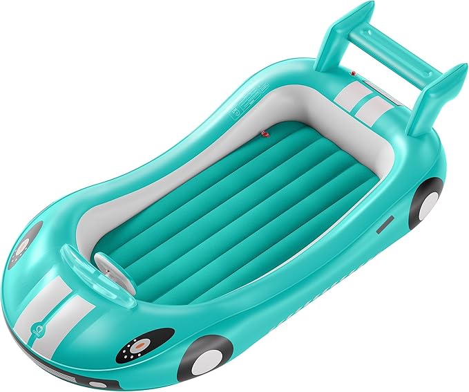 QPAU Inflatable Kids Bed, Toddler Travel Bed with Sides, for Camping, Traveling, Hotel, or Home Use, Hand Pump Included (Cyan)