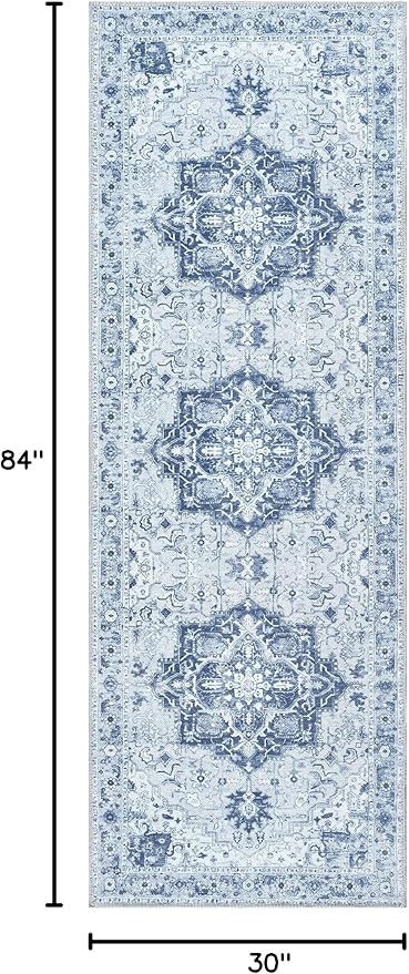 Bloom Rugs Washable Non-Slip 7 ft Runner - Gray/Blue Traditional Medallion Runner for Entryway, Hallway, Bathroom, and Kitchen - Exact Size: 2.5' x 7'