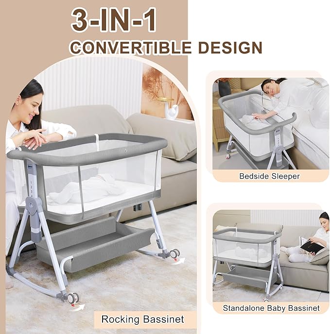 Baby Bassinet Bedside Crib, 3 in 1 Baby Bassinet Bedside Sleeper with Musical Toy, Adjustable Portable Crib All Mesh Bedside Bassinet with Storage Basket, Grey