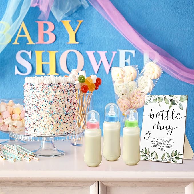Roowest Bottle Chug Baby Shower Game Favors 12 Pcs Baby Bottles Shower Favor with 1 Wooden Sign for Gender Reveal Party Supplies Gifts(Green Leaves)