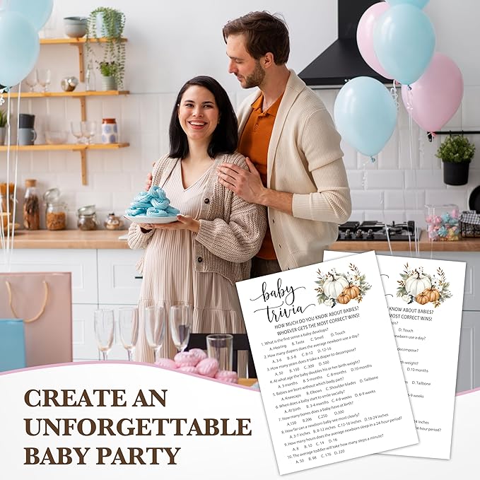 Fall Baby Shower Games, Baby Trivia Themed Gender Reveal Party Game, Fall Festival Games Cards With Pumpkin Design, Boho Baby Shower Games, Thanksgiving Party Supplies -02