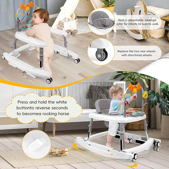 5-in-1 Music and Lights Baby Walker Foldable with 5 Adjustable Heights, Baby Walker with Wheels and Bouncer Combo Portable, Infant Toddler Walker for Baby Boy Girls 6-18 Months
