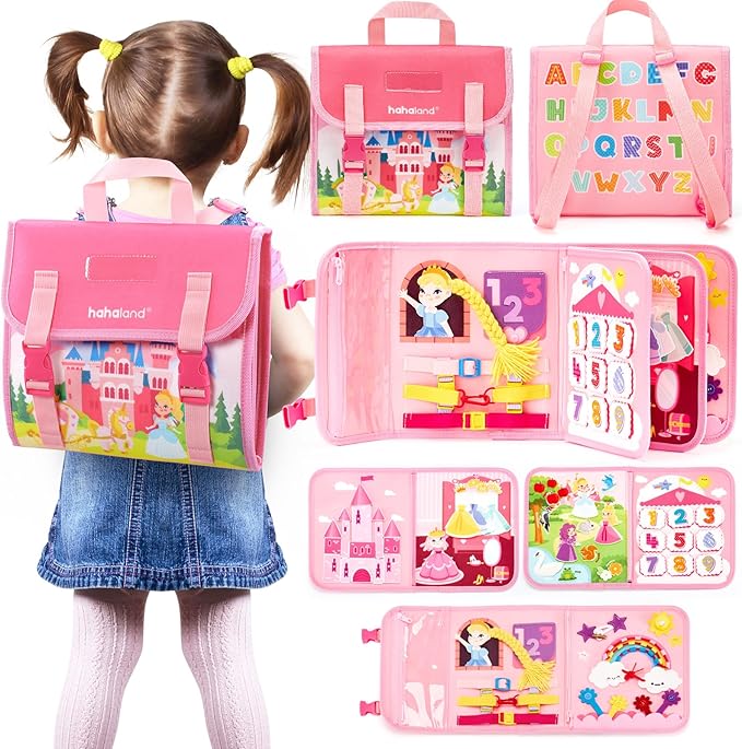 hahaland Montessori Toys for Baby Girls, Busy Board Girl Birthday Gift 17 in 1 Preschool Learning Activities with 12 Life Skill, Number,Shape,Dressup,Animal,Figures,Baby Girl Easter Gifts