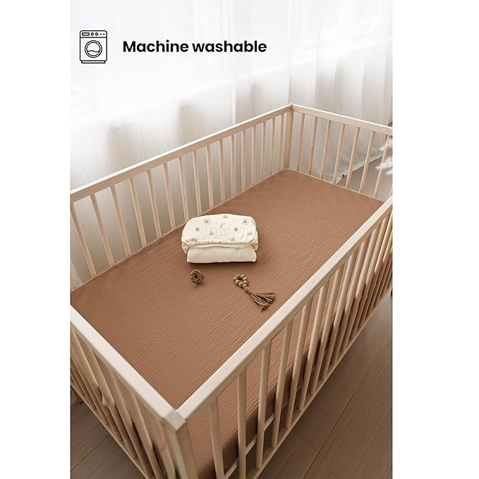 Konssy Muslin Crib Sheets for Girl Boy, 2 PCS Soft and Breathable Cotton Baby Sheets for Standard Crib Mattress, 52"x 28" (Sunbeam Yellow, Coffice)
