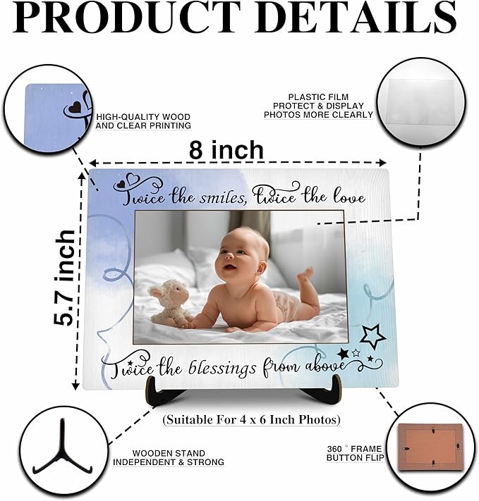 Twins Baby Pictures Frame, Watercolor Baby Photo Frame with Stand, Twins Gifts for Babies, New Baby Gifts For New Mom Dad, Home Living Room Bedroom Decoration -a72