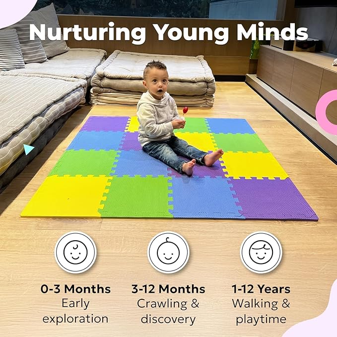 MioTetto Foam Floor Tiles for Kids - Non-Toxic Comfortable Baby Play Mat and Interlocking Foam Tiles, Fits with 50x50 Playpen Mat for Crawling & Development, Soft Play Mat for Babies 6-12 Months