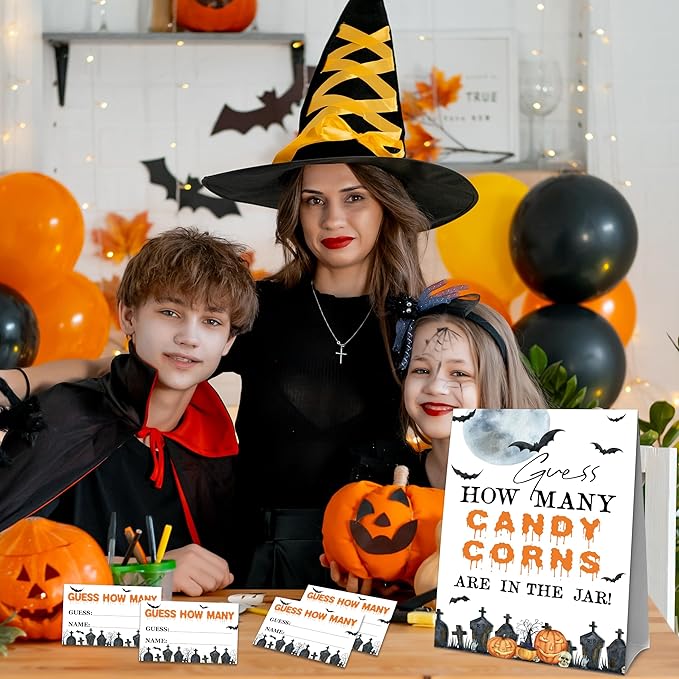 Halloween How Many Candy Corns Are In The Jar - 1 Standing Sign & 50 Guessing Cards - Halloween Party Game & Decoration For Boys, Girls, Adults - Baby Shower, Birthday Game Set - A01