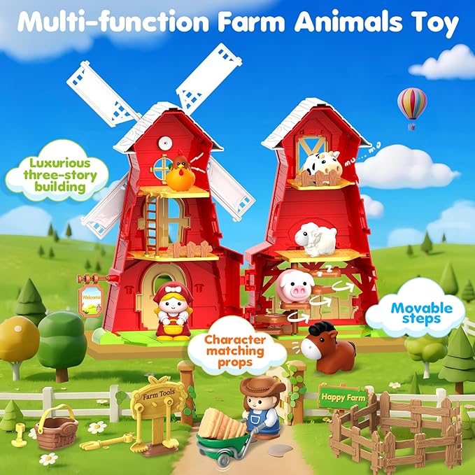 Toddler Toys for 1 2 3 Year Old Boys Girls, Big Red Windmill Barn Farm Animals Toy, Montessori Learning Toys for Toddlers 1-3, Ideal Birthday for Boy Girl Kids, Baby Toy 12-18 Months