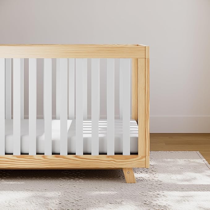 Storkcraft Beckett Convertible Crib (Natural with White Slats) – Converts from Baby Crib to Toddler Bed and Daybed, Fits Standard Full-Size Crib Mattress, Adjustable Mattress Support Base