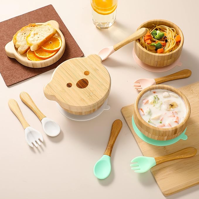 Baby Bowls with Lid,HBM Bamboo Suction Bowls for Baby and Spoon Set,3PC Feeding Supplies Set for Infant, Toddlers,Detachable Silicone Suction Stay Put Base for Wooden Bowl (Marble)