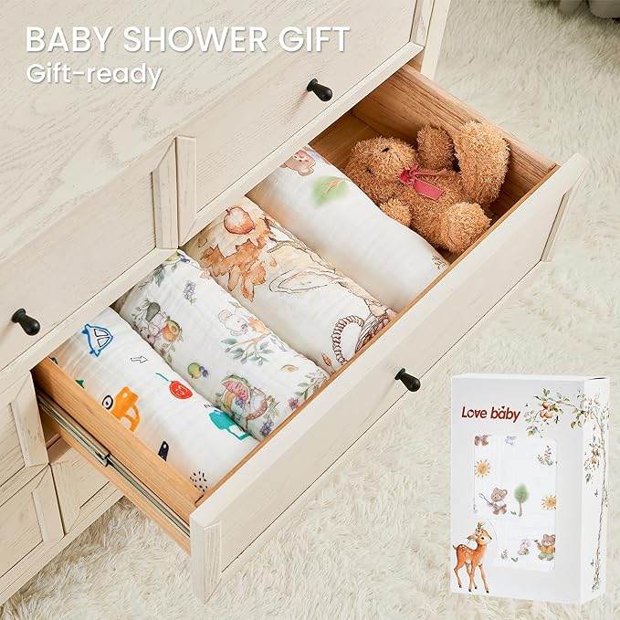 Luxury Muslin Baby Blanket, Cozy Swaddle, 6-Layer Cotton Receiving Blanket for Newborn Infant, 43x43 Inch Lightweight Breathable Crib Blanket, Nursery Stroller Toddler Quilt, Bear Print