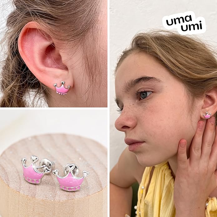 925 Sterling Silver Crown Pink Stud Earrings for Girls Hypoallergenic Safety Screw Back Rhodium Plated - Crown Pink Gifts Earrings for Baby Toddlers Little Teens Kids Jewelry