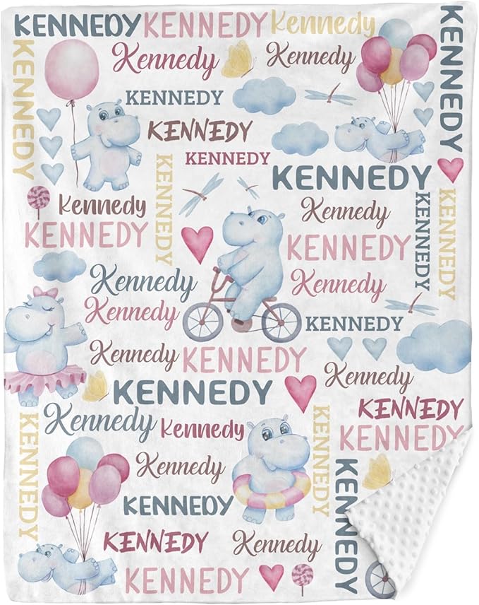 Personalized Baby Blanket for Girls Hippopotamus Custom Baby Blankets with Name Dotted Backing Customized Gifts for New Mom Customize Baby Blanket for Kids Newborn Birthday Pink