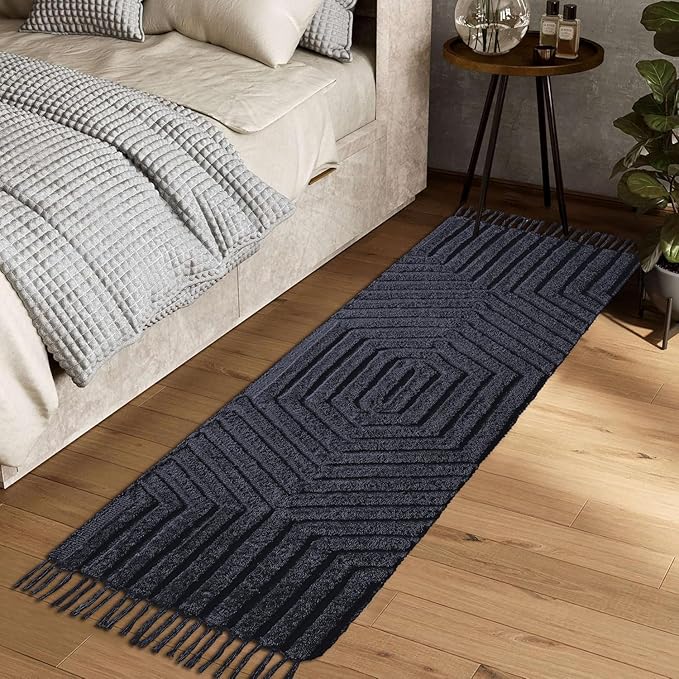 Boho Bathroom Rug 2' x 6', Washable Hand-Woven Tufted Cotton with Tassels, Farmhouse Kitchen Mat for Foyer, Bedroom, Back Door Décor - Dark Grey