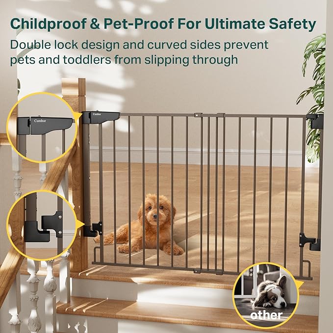 Cumbor 29.2–43" Baby Gate for Stairs, Wall-Mounted (Drill Required), No Bottom Bar Dog Gate, Auto Close Extra Wide Adjustable Walk Thru, Pet & Toddler Proof Gate, Top & Bottom of Stairways (Brown)