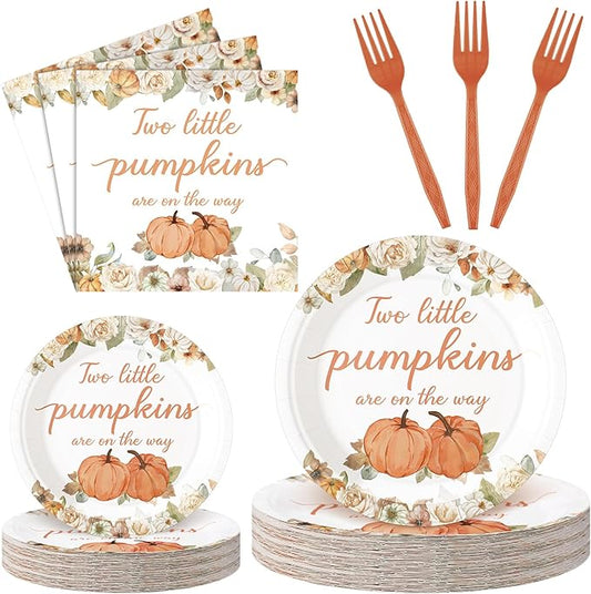 Zhehao 96 Pcs Twins Baby Shower Decoration Supplies Twins Cuties Baby Shower Tableware Set Eucalyptus Leaf Orange Strawberry Greenery Pumpkin Themed Plates Napkins Forks for 24 Guest (Pumpkin)