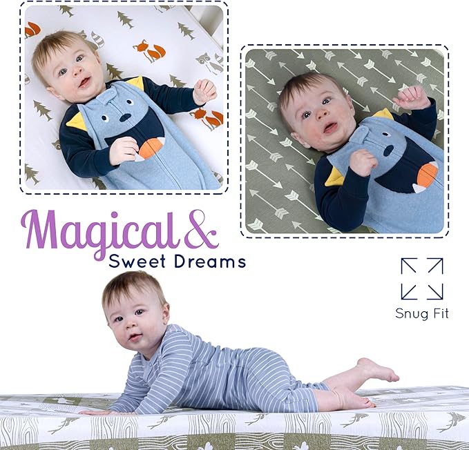 Fitted Unisex Crib Sheets (3 Pack) by GROW WILD - Jersey Knit Cotton Crib Sheets for Boys or Girls, 52β x 28β x 9β Crib Bedding Set (Forest Fun)