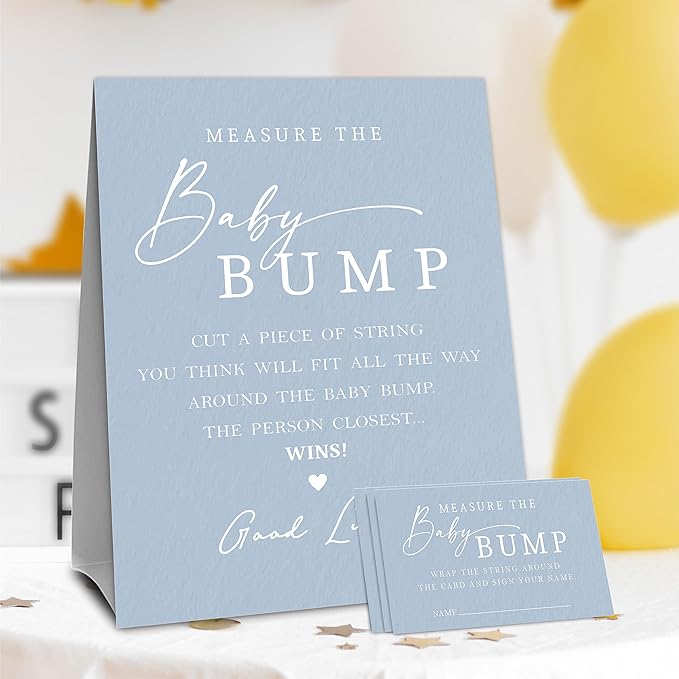Navy Blue Baby Shower Measure The Baby Bump, Measure Mommy's Belly Game Set - 1 Self-Standing Sign And 50 Tickets - Gender Reveal, Baby Shower, Baby Announcement Activity & Party Favor Supplies - A07