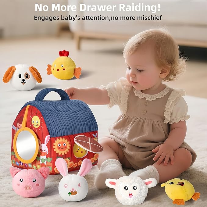 Baby Toys 6-12 Months - Soft Barn Playset with Stuffed Farm Animals, Rattle, Crinkle Paper, Mirror - Montessori Toys for 6 9 12 Months Old Babies, Sensory Balls Toddlers 1-3, 1 Year Old Boy Girl Gifts