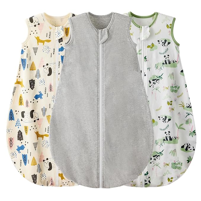 Duomiaomiao 3 Pack Baby Sleep Sack 100% Organic Cotton Lightweight Breathable Comfy Toddler Sleeping Sack (0.5tog Pandas, Small)