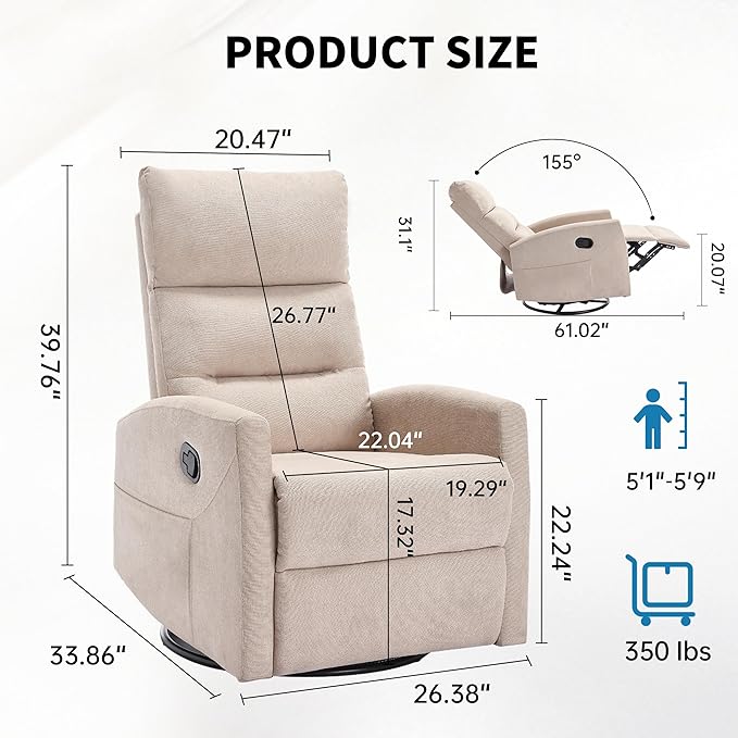 360° Swivel Rocking Chair for Nursery, Manual Glider Chair Nursing Chair with Side Pockets, Polyester Glider for Living Room, Heavy Duty Motion Mechanism, Beige