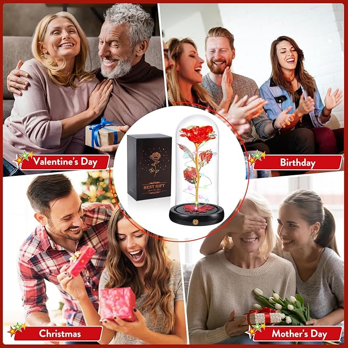 DEEMEI Birthday Gift for Women Red Rose Eternal Flower USB Light Up Rose in Glass Dome Anniversary Flowers for Delivery Prime Mothers Day Presents Flowers Gifts for Her Grandma Girlfriend Wife