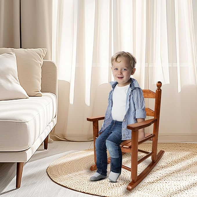 Toddler Rocking Chair Set of 2 Wooden Comfy Recliner Rocker for Kids Ages 3-6 Baby Lounge Chair Indoor Outdoor Girls Children’s Playroom Brown