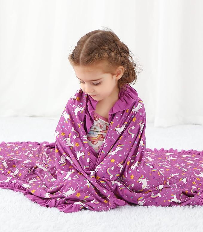 Premium Baby Blanket for Girls, Stretchy Quilt, Soft Crib Bedding for Newborn Baby and Toddler, Ruffle Nursery Blanket for Kids, Viscose Made from Bamboo 50''x50'' Purple Unicorn
