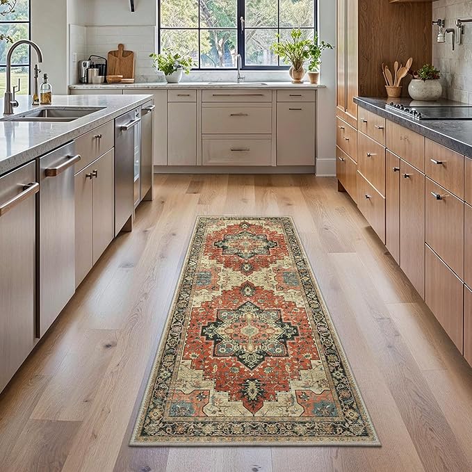 GENIMO 2x5 Runner Rugs for Hallway, Machine Washable Non Slip Vintage Rugs, Low Pile Lightweight Soft Print Rug for enrtyway, Corridor, Home Office, Kitchen,Desert Ember