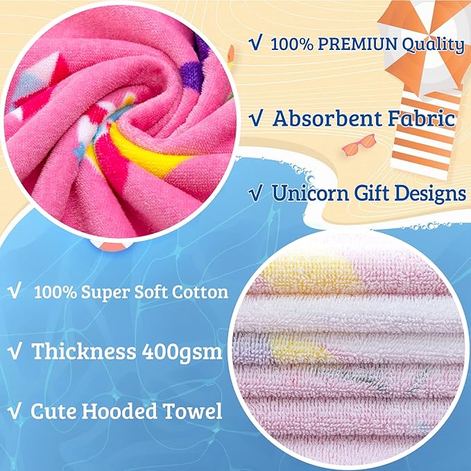 VOOVA & MOVAS Hooded Towels for Kids 3-10 Years, 30''X50, Soft Thick Cotton | Absorbent Beach, Bath, Pool Swim Towels | Cover up for Girls | Pink Floral Unicorn