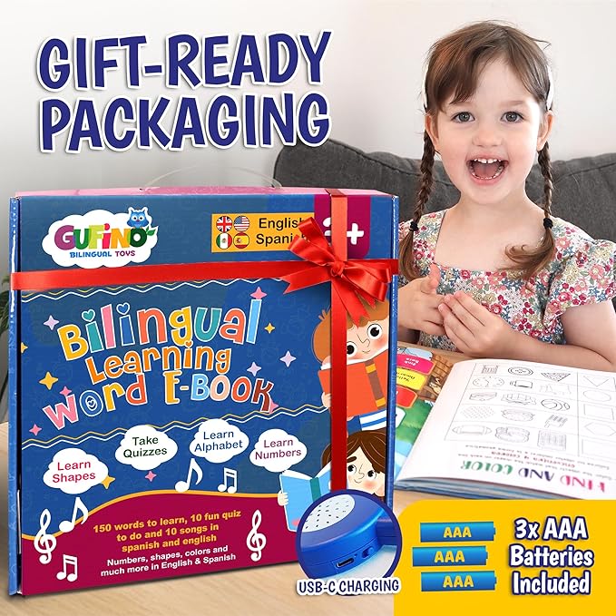 Gufino Spanish Learning for Kids: ABC Learning for Toddlers, Busy Book, Speech Therapy, Alphabet Sound Book, Preschool Learning Activities, Letter Tracing, English & Spanish, Learn Spanish for Kids