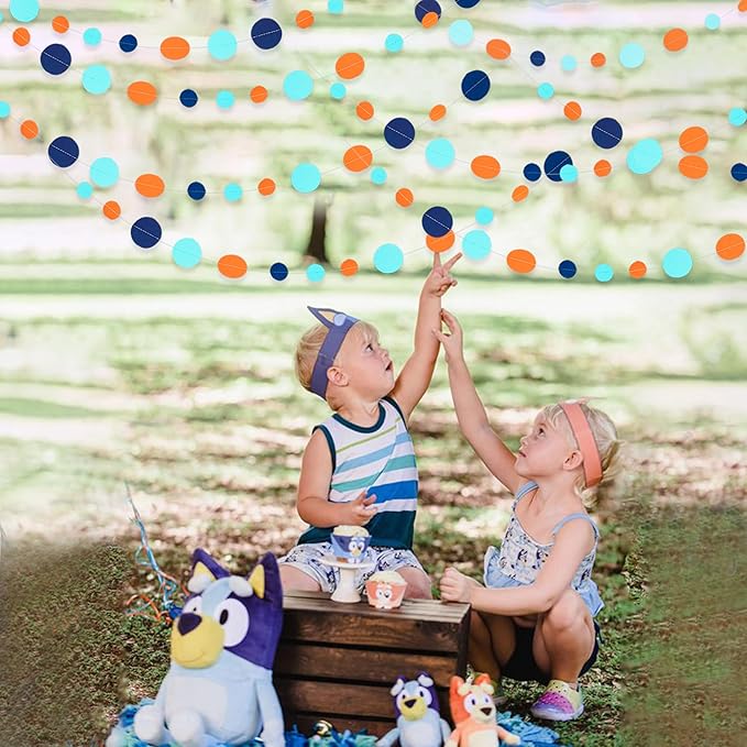 46 Ft Navy Blue Orange and Teal Circle Dots Garland Royal Blue Orange Aqua Polka Dot Hanging Paper Streamer for Birthday Wedding Bridal Baby Shower Outer Space Galaxy Theme Party Decorations Supplies
