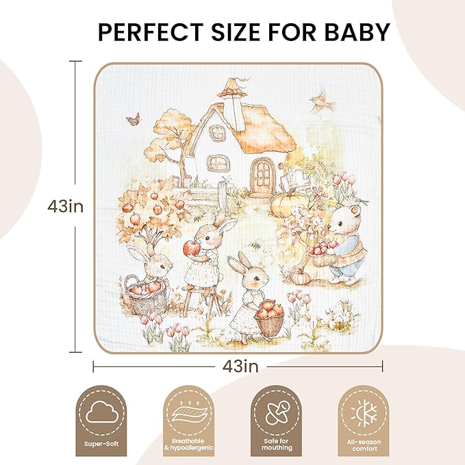 Luxury Muslin Baby Blanket, Cozy Swaddle, 6-Layer Cotton Receiving Blanket for Newborn Infant, 43x43 Inch Lightweight Breathable Crib Blanket, Nursery Stroller Toddler Quilt, Rabbits