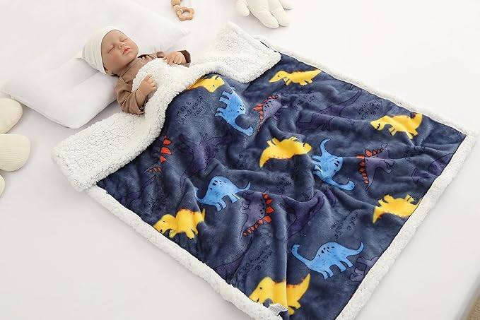Newborn Baby Wrap Swaddle Blanket Flannel Sleeping Bag Receiving Fleece Blankets 30" x 40" Stroller Wrap for Baby (Navy Blue Dinosaur)