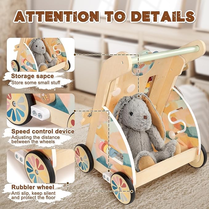 LOL-FUN Wooden Baby Walker with Detachable Busy Board, Push Walker for Baby with Adjustable Speed Wheels, Activity Learning Walker for Boys Girls 6-12 Months