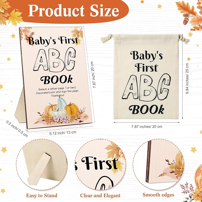 Geelin 51 Pcs Fun Baby Shower Game Activities First Abc Book Sign Coloring Game Card 26 Alphabet a to Z Coloring Card with 24 Watercolor Pen Storage Bag for Baby Shower Party(Autumn)