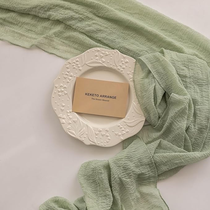 Keketo Sage Green Table Runner Cheesecloth 120 Inch 10 FT Rustic Boho Cheese Cloth Table Runner for Wedding Baby Shower Bridal Shower Sheer Gauze Centerpiece Home Decorations