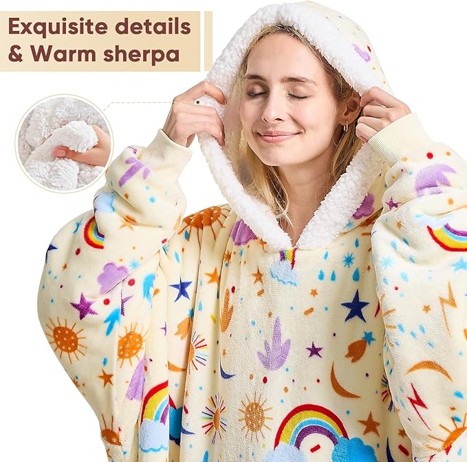 Wearable Blanket Hoodie Oversized - birthday gifts for Adults/Women/mom, Flannel Cozy Sherpa Fleece Blanket Sweatshirt with Hood, Pocket & Sleeves, One Size Fits All (Rainbow)