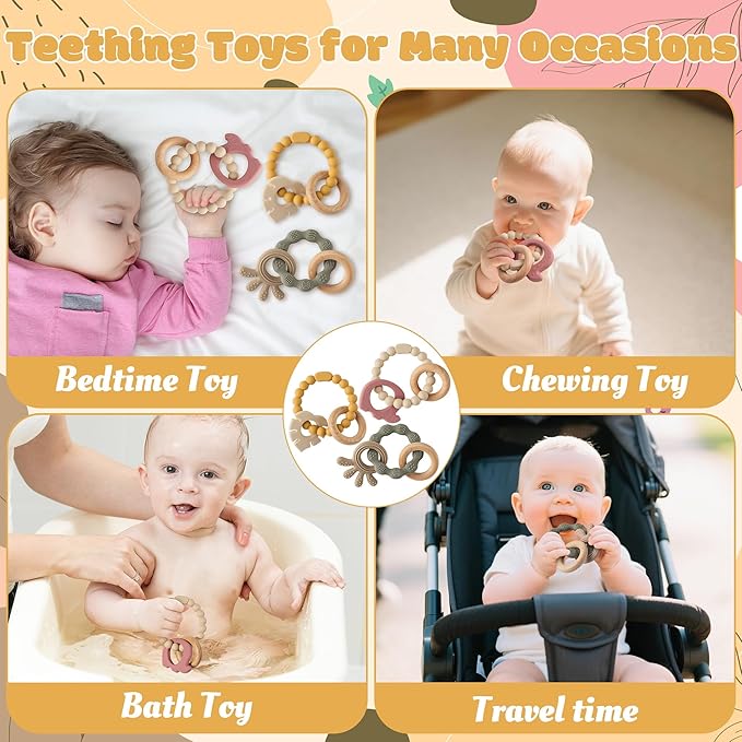 Silicone Teether Toys for Babies - 2ooya 3Pcs Animals Themed Teething Ring, Elephant Baby Sensory Chew Toys with Rattles for Newborn Boy and Girl to Soothe Sore Gums, Baby Shower Birthday Gifts