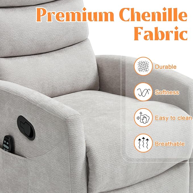 Manual Swivel Rocker Recliner Chair with Massage, Overstuffed Recliner Glider with Vibration Massage and Heat for Nursery, Living Room Reclining Sofa Chair, Fabric Light Gray