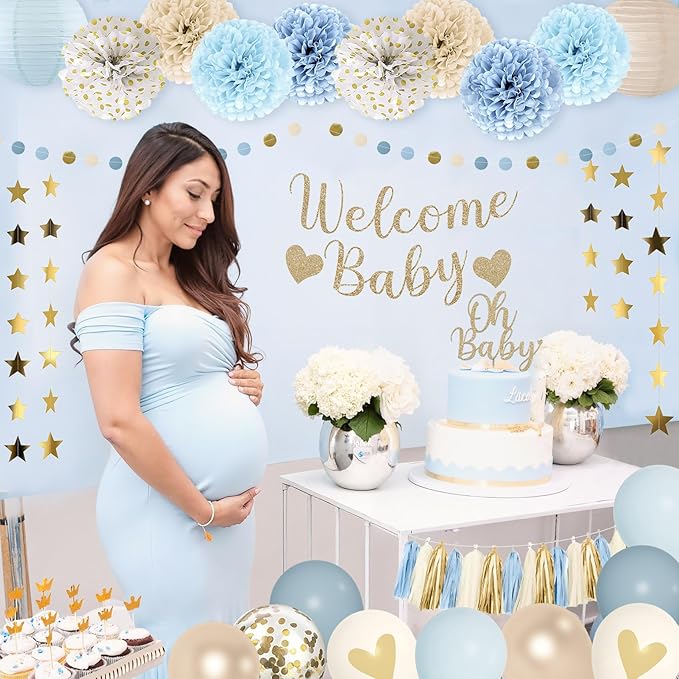 Amandir Dusty Blue Boy Baby Shower Decorations Welcome Baby Banner, Cake Topper, Paper Lantern, Light Blue Balloons, Pom Poms Flowers Tassels, Circle Dots Star Garland, Birthday Party Supplies